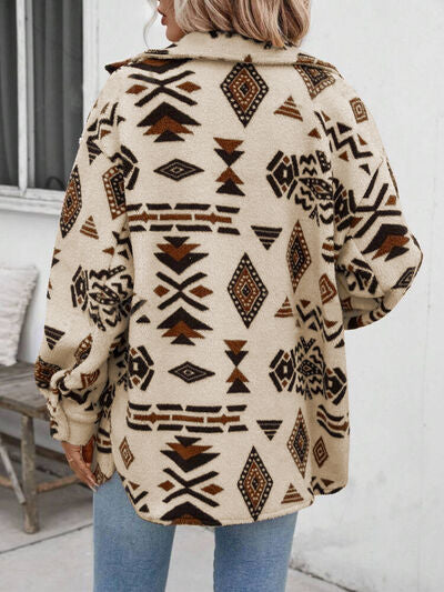 Girls' geometric button-up jacket in beige fuzzy knit with brown and black motif on Tampa Home & Garden Store