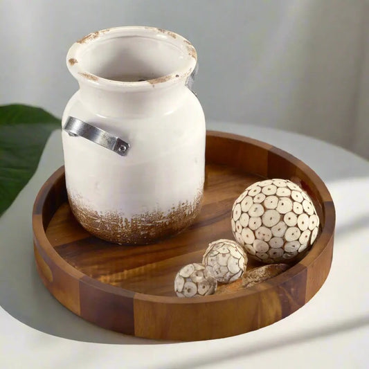 Round acacia wood serving tray with handles, white ceramic pitcher and 2 decorative spheres on Tampa Home & Garden Store