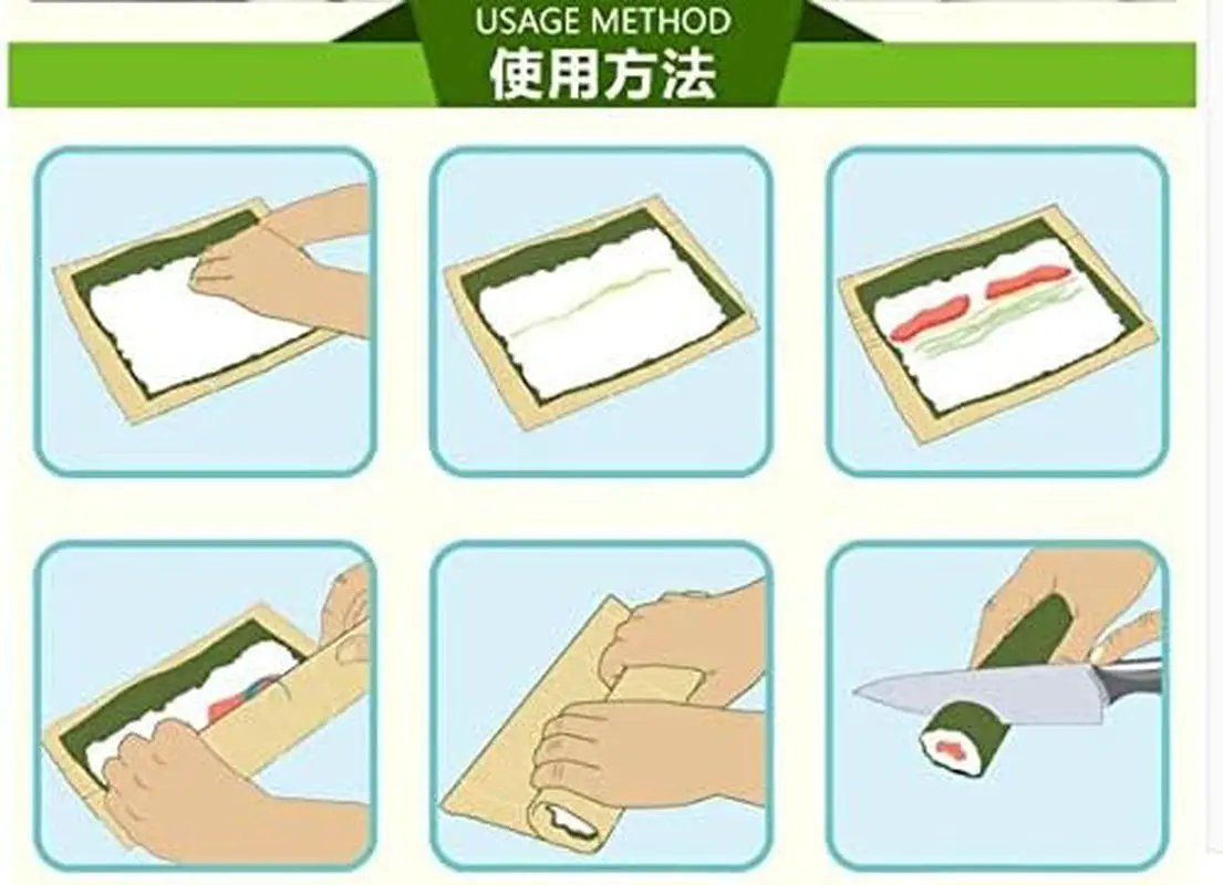 Bamboo Sushi Rolling Mat and Rice Paddle Set with six-step usage illustrations on Tampa Home & Garden Store