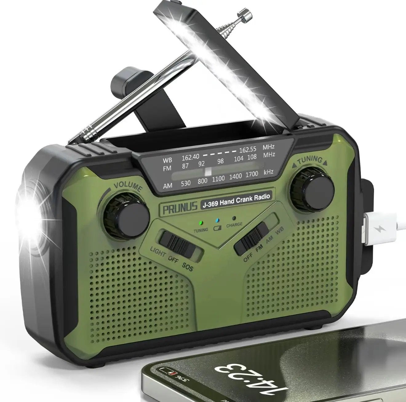 StormGuard Emergency Radio with Light and Power, green hand crank radio with built-in flashlight on Tampa Home & Garden Store