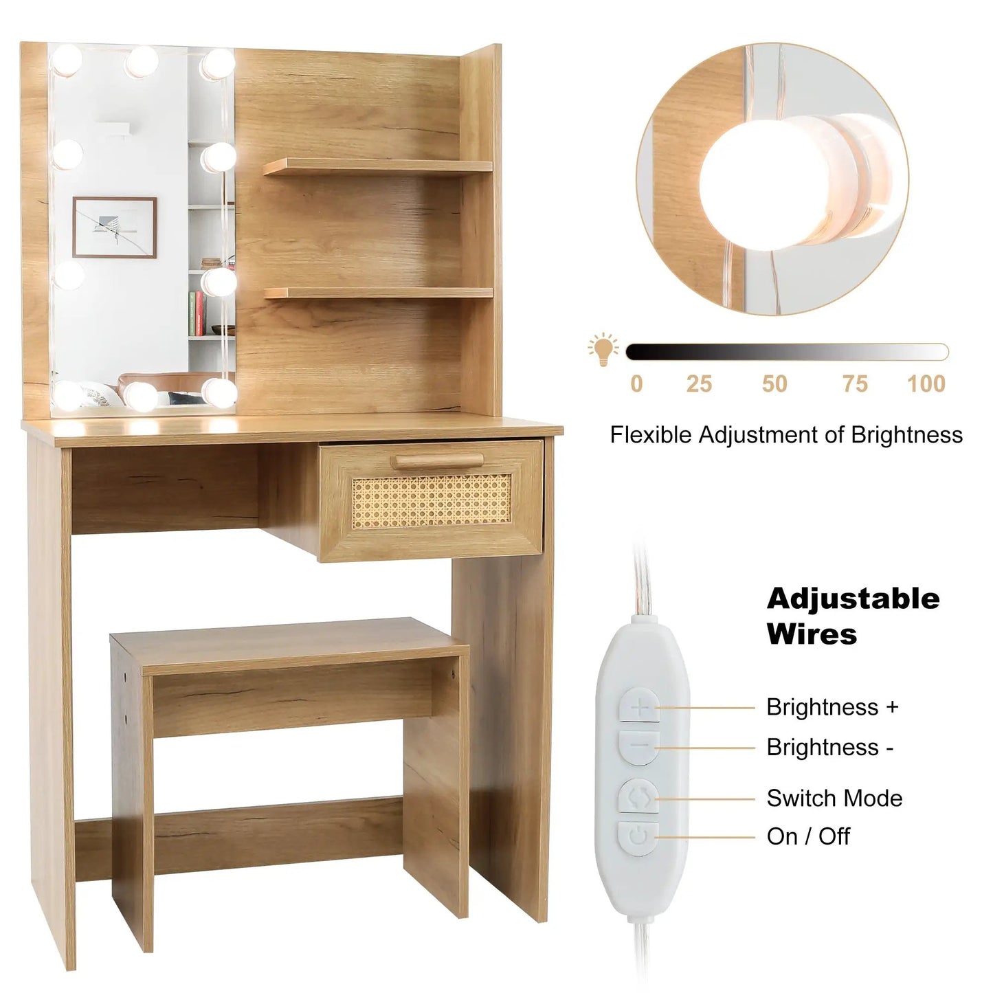 Coiffeuse avec tabouret et miroir LED, tiroir et commode en bois pour cosmétiques, couleur naturelle