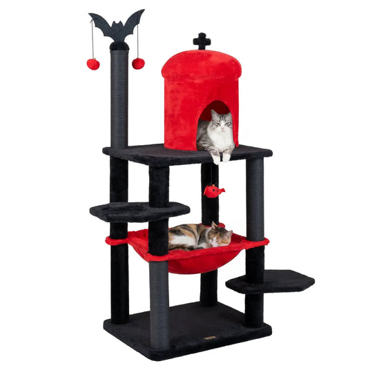 60in Gothic Cat Tower cat tree with red plush coffin bed and bat toppers by DirectDeals two cats on Tampa Home & Garden Store