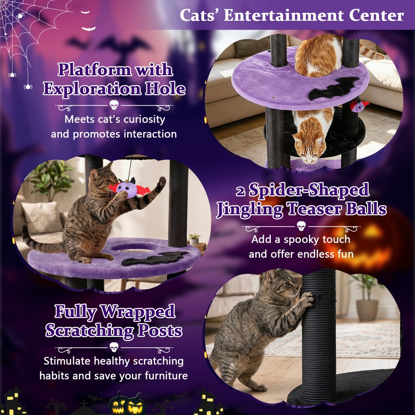 60in Gothic Cat Tower DirectDeals with plush purple perch and hanging toys cat tree on Tampa Home & Garden Store