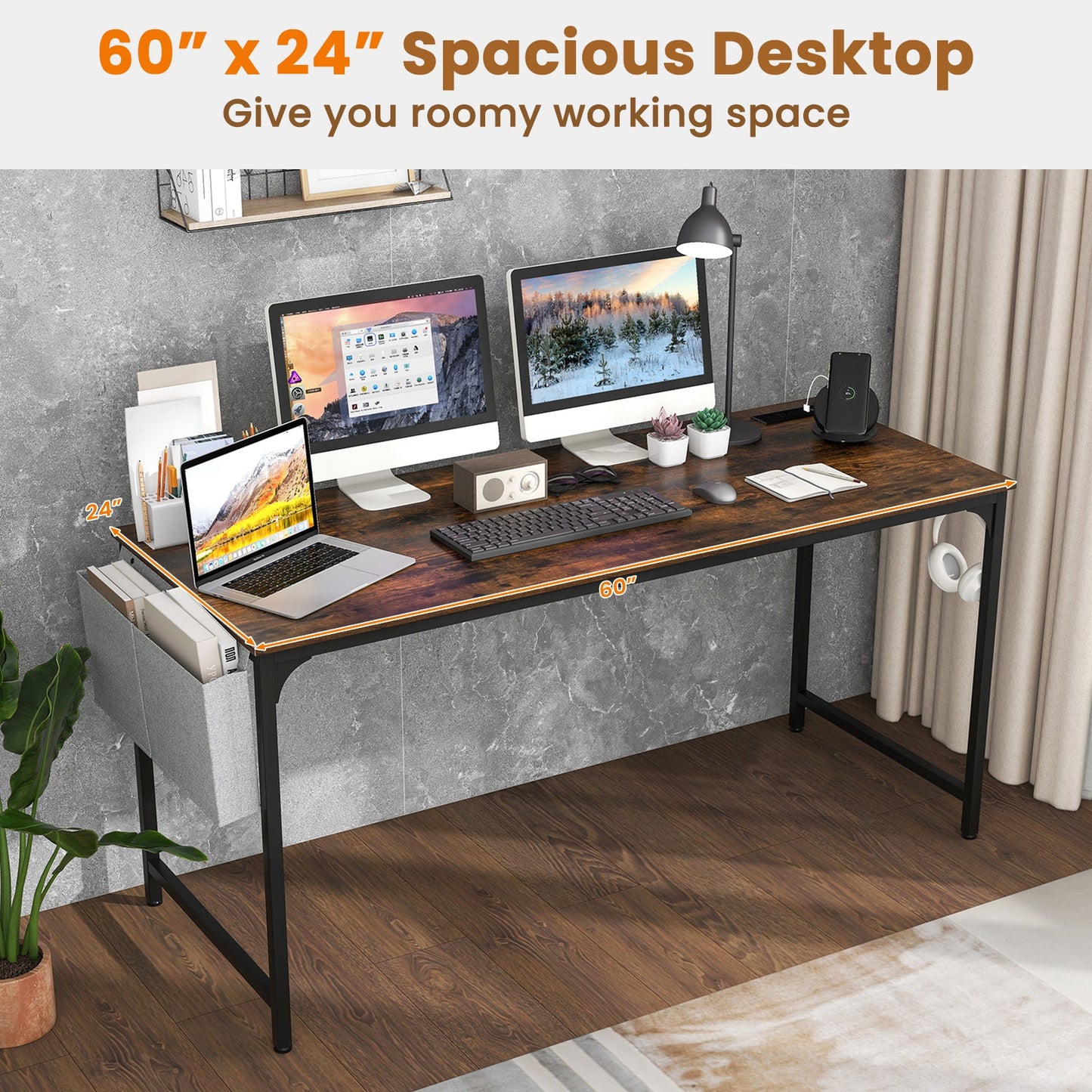 60 inch rustic brown computer desk with a laptop and two monitors, built-in charging station on Tampa Home & Garden Store