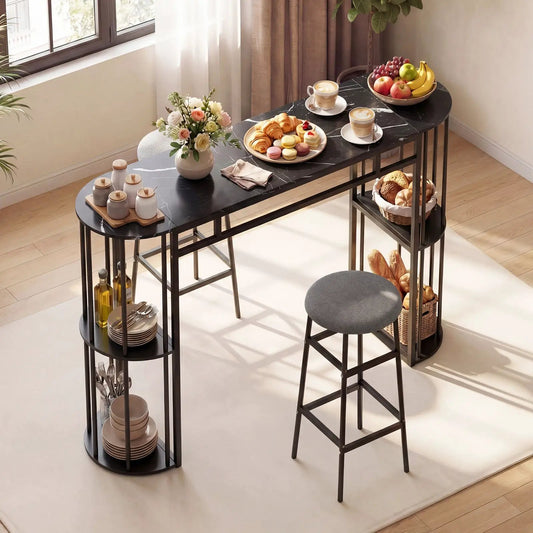 60 Inch Dining Table and Barstool Set With Marble, black metal frame, 2 gray stools on Tampa Home & Garden Store