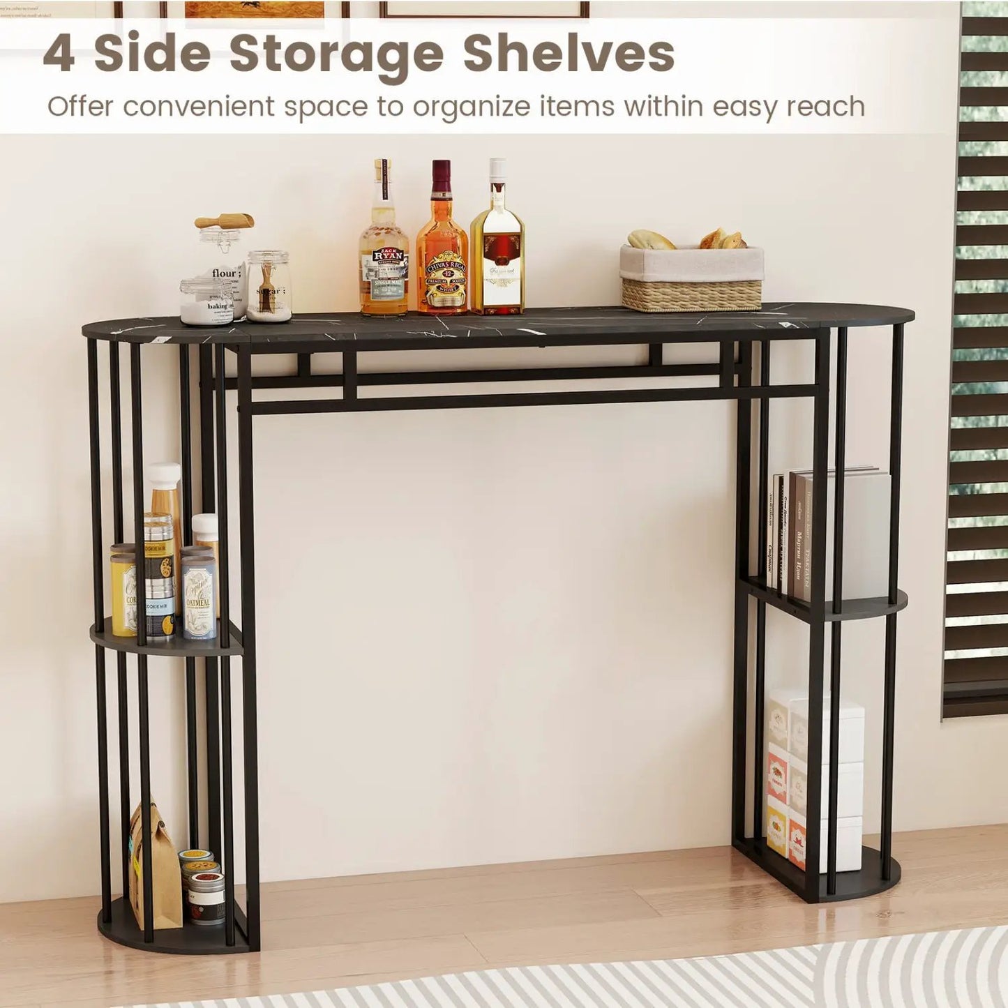 60 Inch Narrow Bar Table with Faux Marble Top, black metal frame and storage shelves on Tampa Home & Garden Store
