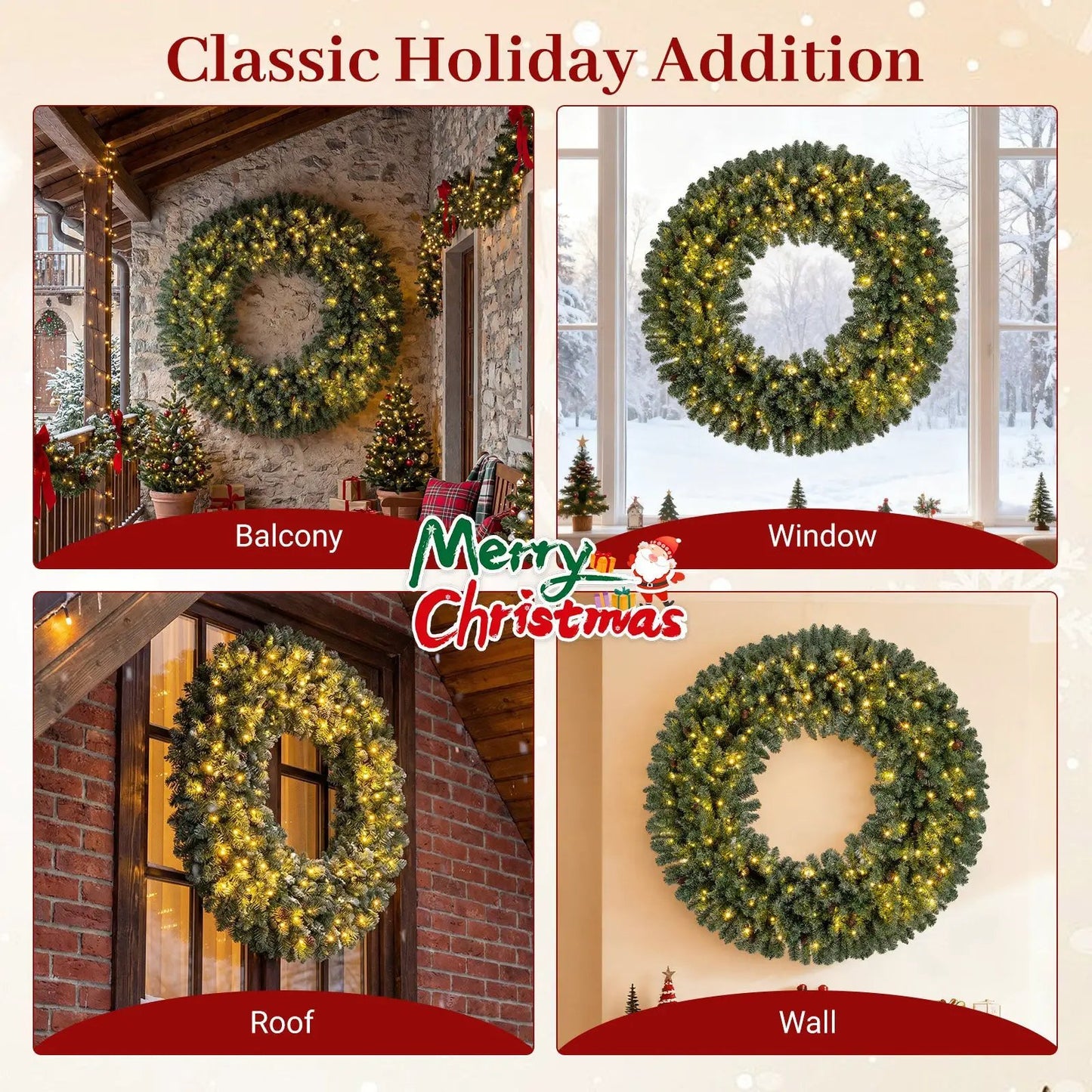60 inch pre-lit Christmas wreath with 200 LED warm white lights, shown on balcony and window on Tampa Home & Garden Store