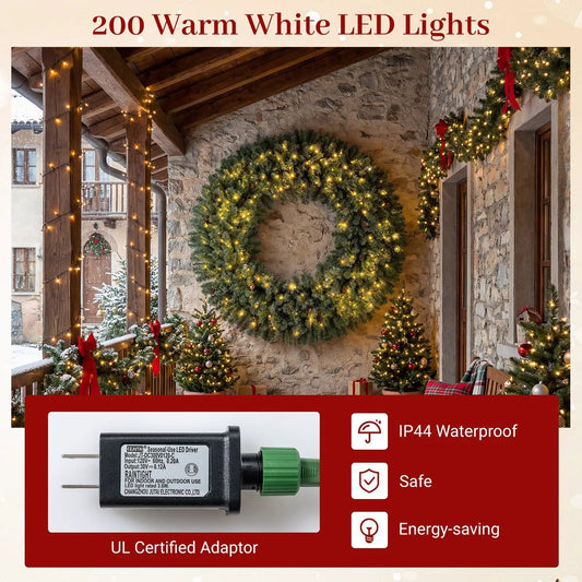 60 Inch pre-lit Christmas wreath with 200 warm white LEDs on evergreen pine for outdoor display on Tampa Home & Garden Store