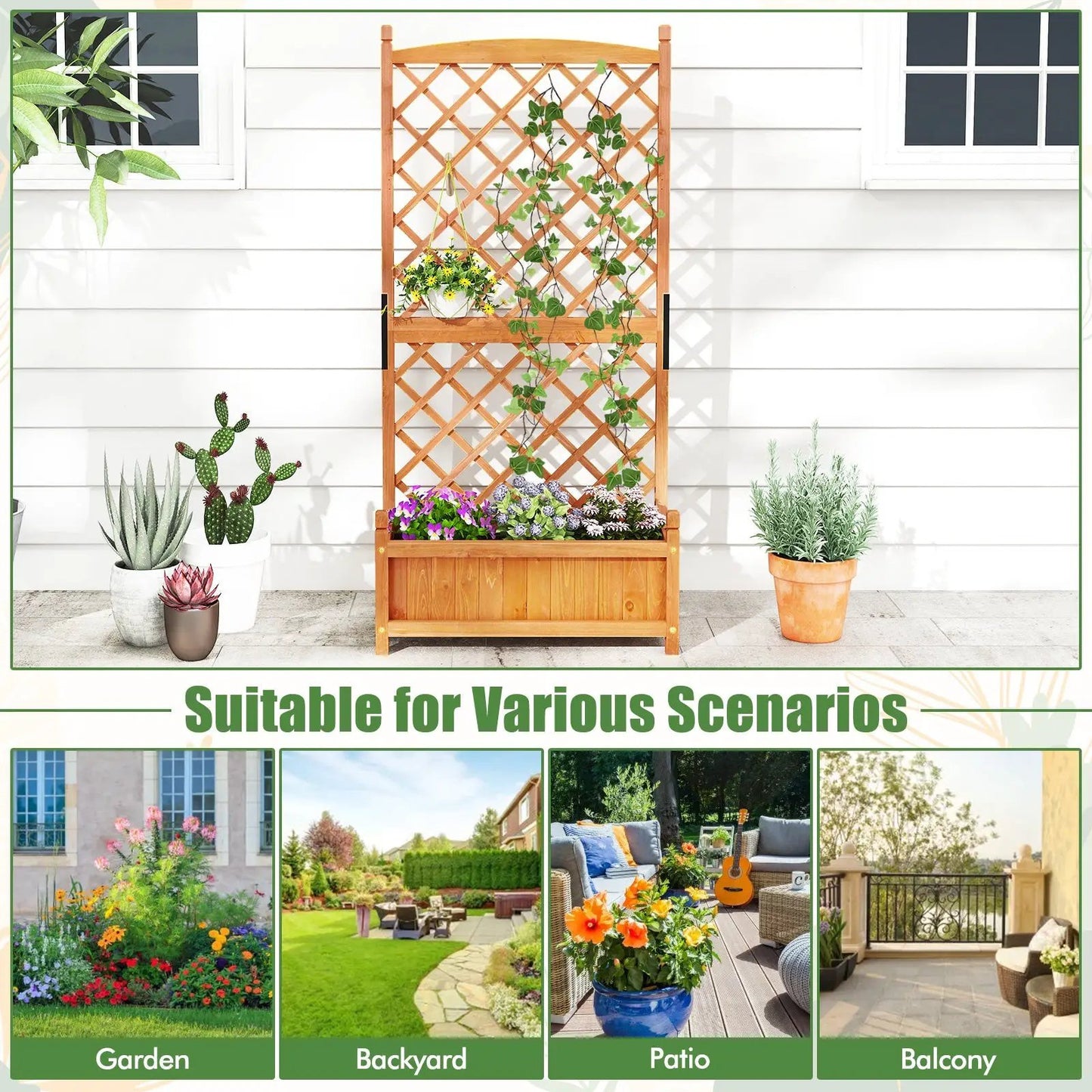 60 inch raised garden bed with diamond lattice trellis in natural wood including drainage holes on Tampa Home & Garden Store