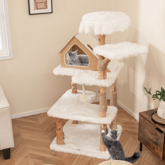 60 Inch Tall Solid Wood Cat Tree Modern Wooden Cat Tower with 2 Perches-White - Tampa Home & Garden Store