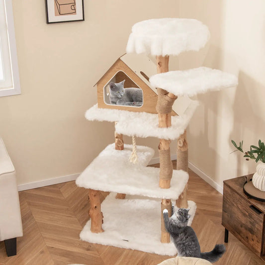 60 Inch solid wood cat tree with two perches, white fluffy padding, and a wooden house on Tampa Home & Garden Store