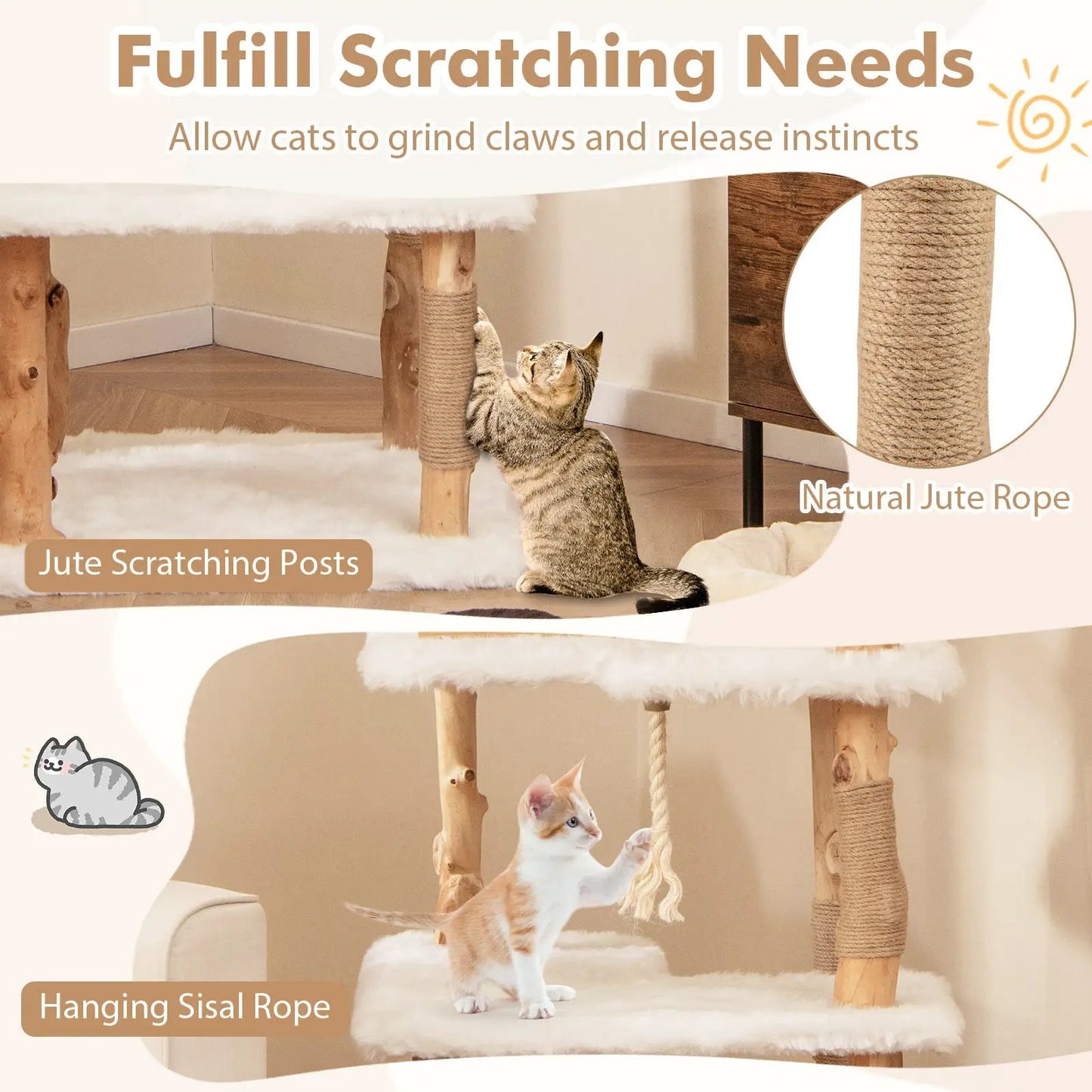 60 Inch Solid Wood Cat Tree with 2 Perches by DirectDeals in natural jute rope on Tampa Home & Garden Store