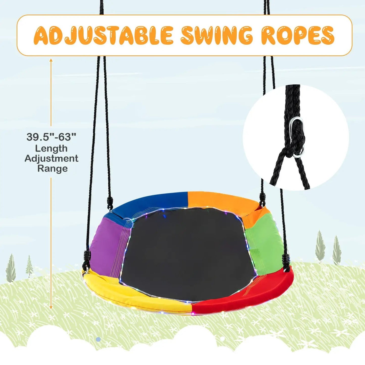 60 Inch saucer swing with LED lights, rainbow seat, adjustable rope length 39.5-63 in DirectDeals on Tampa Home & Garden Store