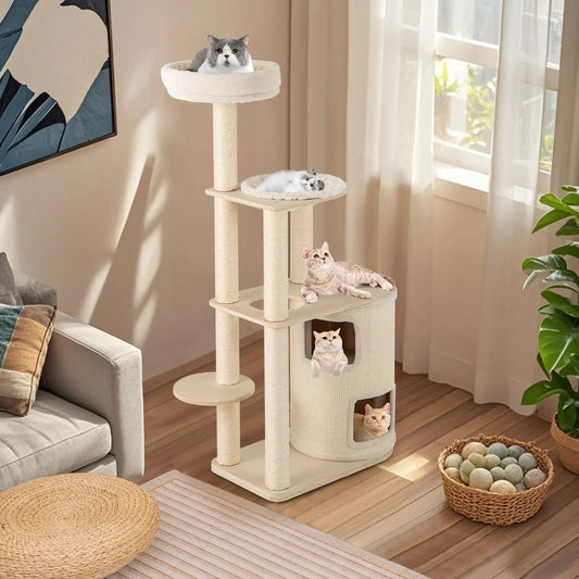 Cream 60-inch cat tree with 2-story condo and sisal posts, several lounging cats on levels on Tampa Home & Garden Store
