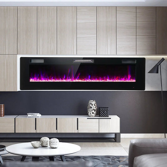 60-inch ultra-thin electric fireplace with remote, black surround and purple flames on Tampa Home & Garden Store