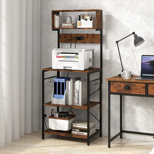 60 inch tall microwave stand with open shelves in rustic brown wood and black metal frame on Tampa Home & Garden Store