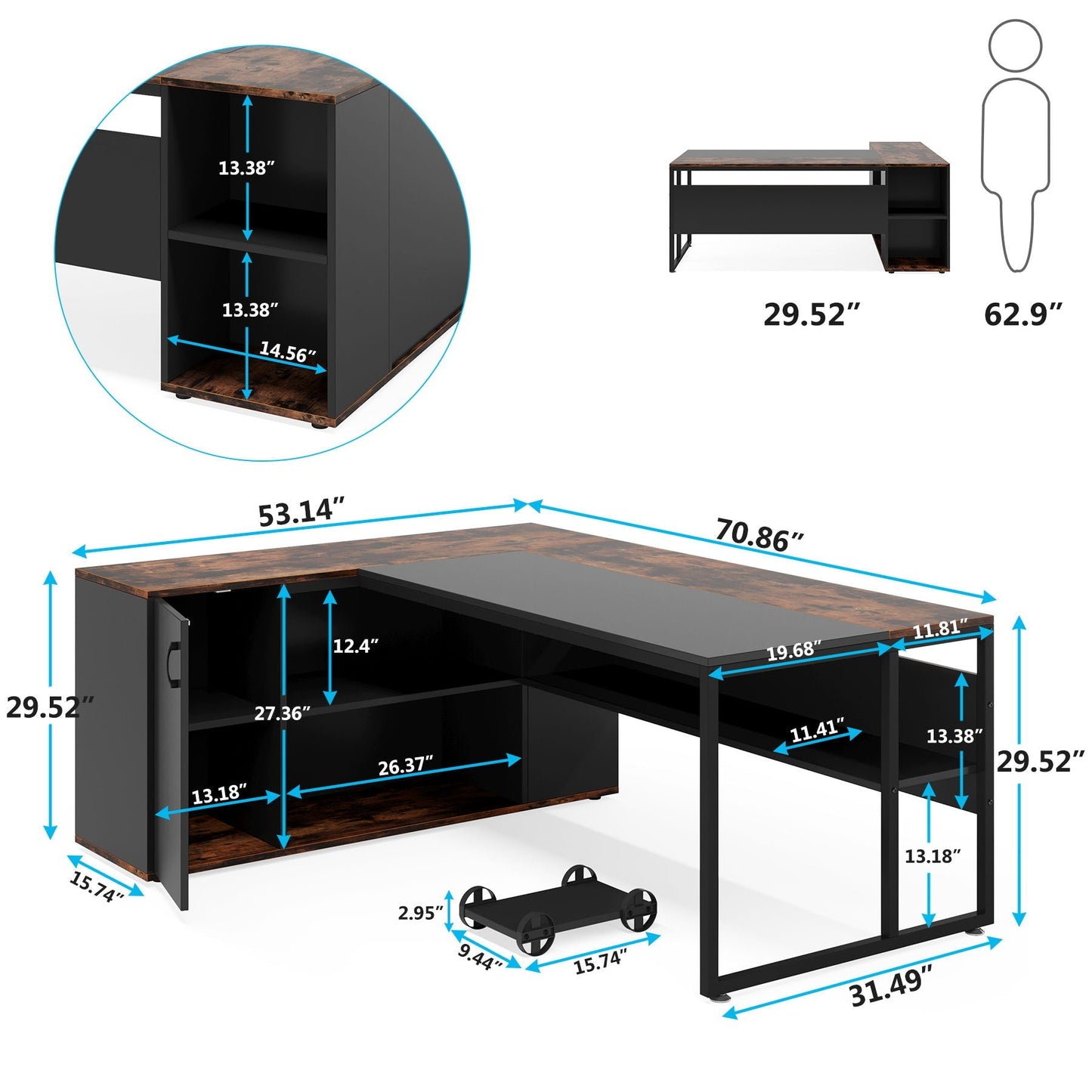L-Shaped Desk with Cabinet, brown top, black frame, CPU stand & printer station HouseOfZazla on Tampa Home & Garden Store