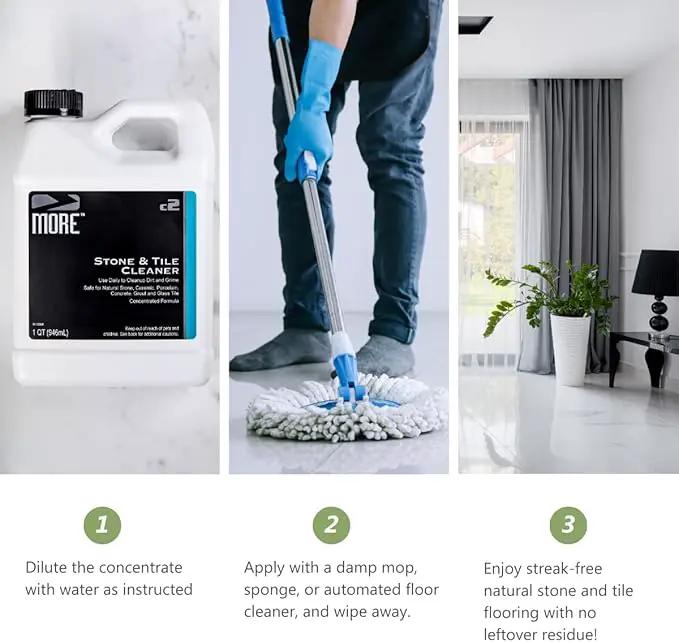 MORE Stone & Tile Cleaner bottle, blue mop in action, three-panel modern living room scene on Tampa Home & Garden Store