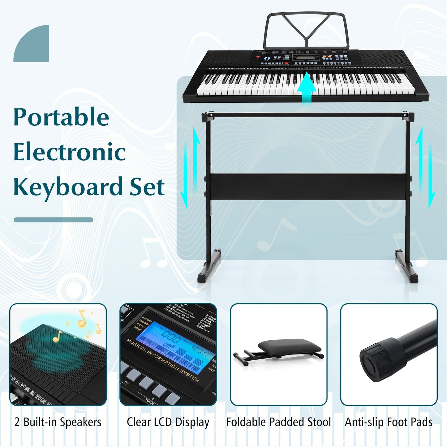 61-key electronic keyboard starter set on a black stand with sheet music holder on Tampa Home & Garden Store