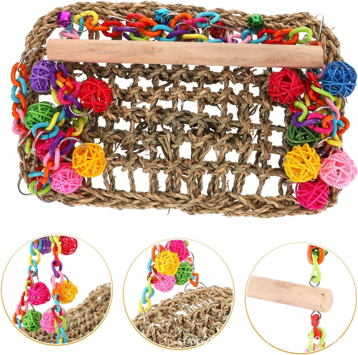 Parrot climbing net hammock bird toy with colorful balls and a wooden perch on Tampa Home & Garden Store
