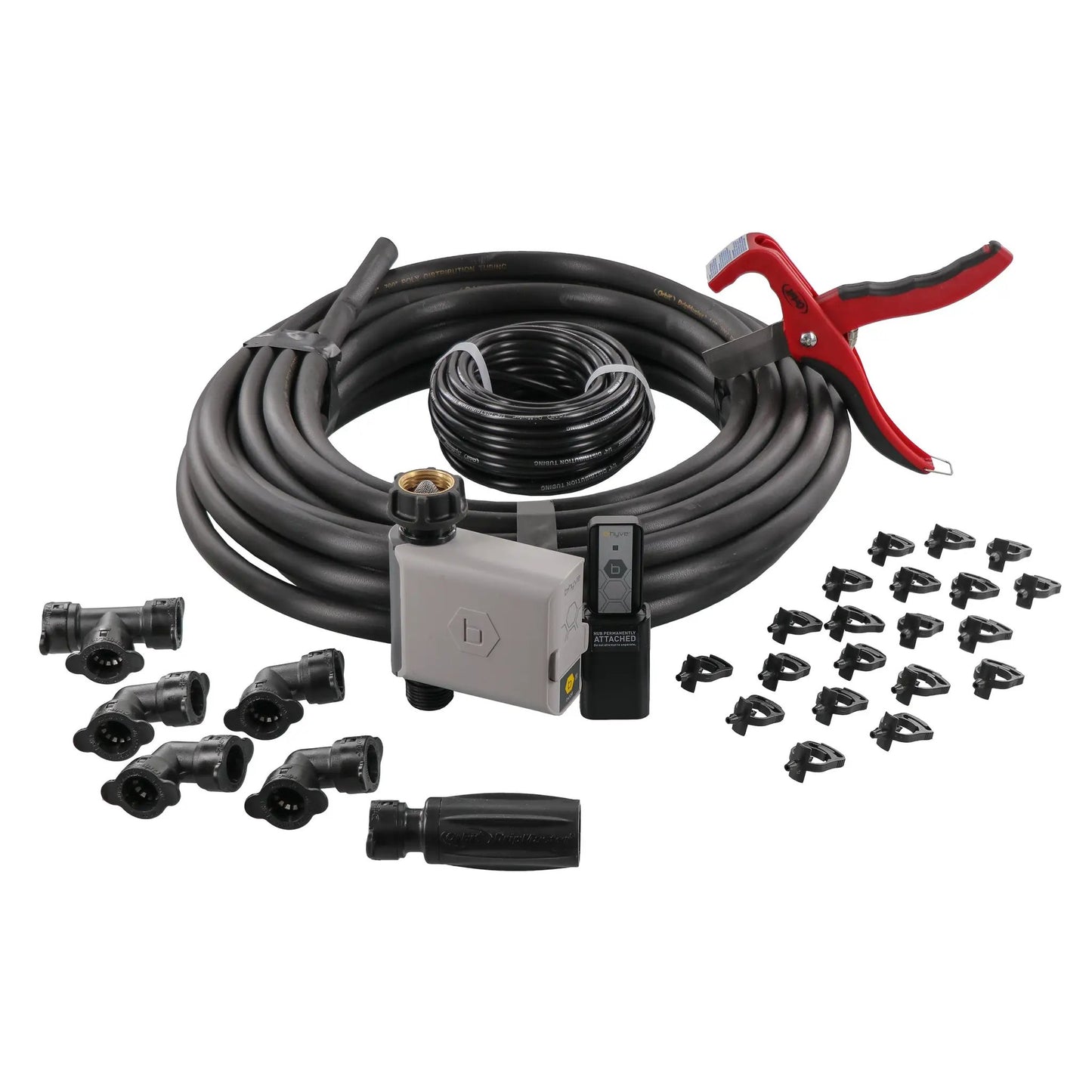 Garden Box Drip Irrigation Kit with Bhyve Timer, black tubing, red timer handle, Orbit fittings on Tampa Home & Garden Store