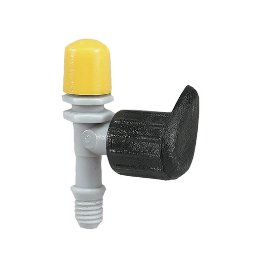 Barb Misting Sprayer With Flow Control, Orbit Irrigation, on gray valve with yellow cap on Tampa Home & Garden Store