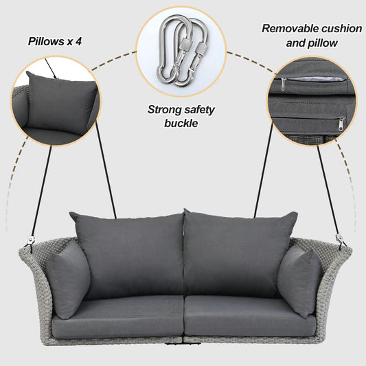Go 51.9 Inch two-person hanging chair in rattan with dark gray cushions for porch swing on Tampa Home & Garden Store
