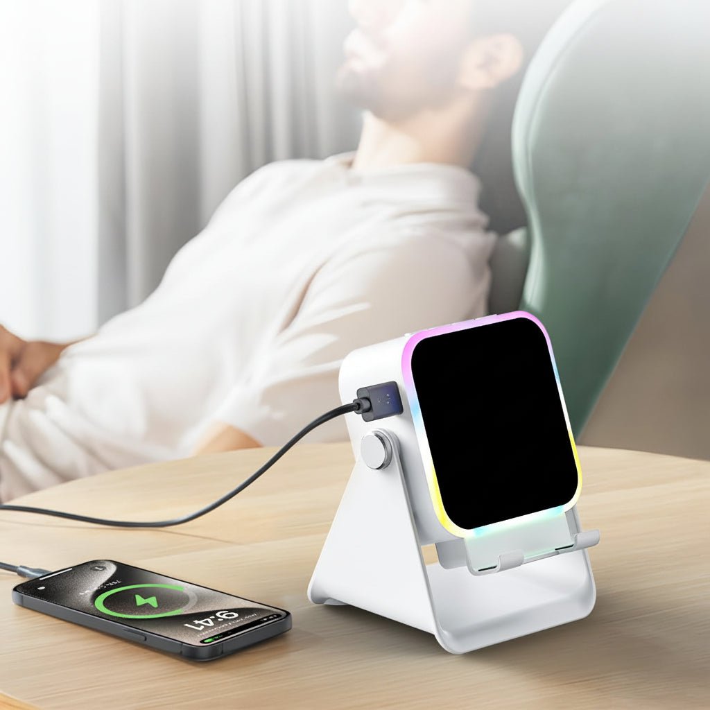 Bluetooth Speaker Stand with Induction Dock, white, RGB edge-lit phone dock on Tampa Home & Garden Store