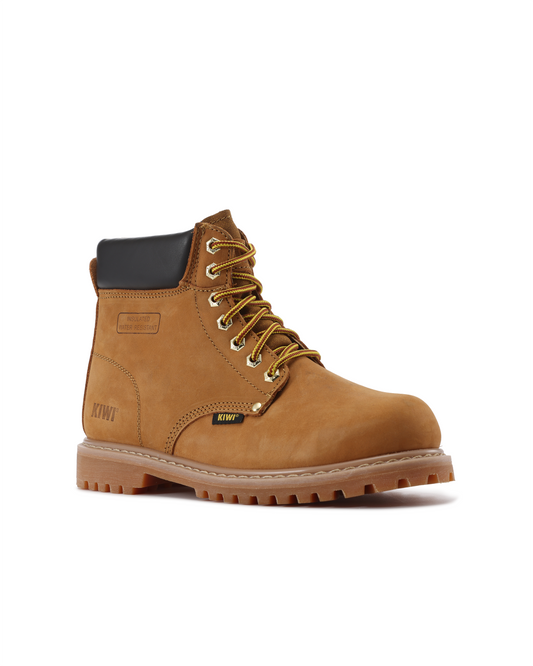 Kiwi Wheat Nubuck Water Resistant Work Boots tan nubuck leather, black padded collar, rugged lug sole on Tampa Home & Garden Store