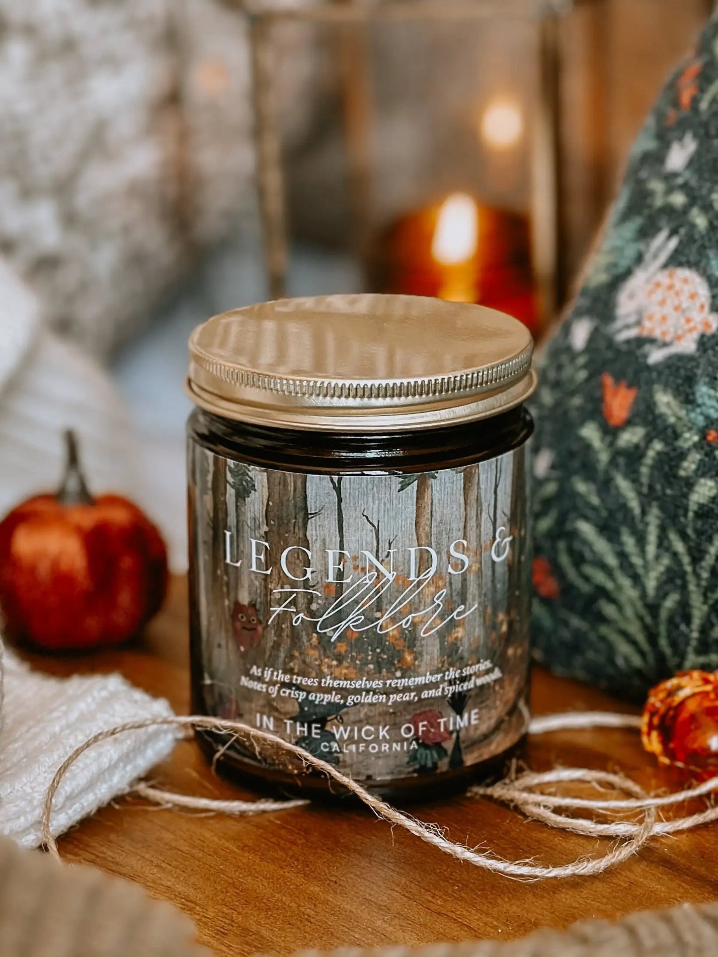 Legends & Folklore Apple Spice Musk Candle by In the Wick of Time in a rustic wood-look jar on Tampa Home & Garden Store