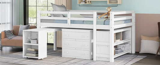 White low study full loft bed with desk, cabinet drawers, and open bookshelves on Tampa Home & Garden Store