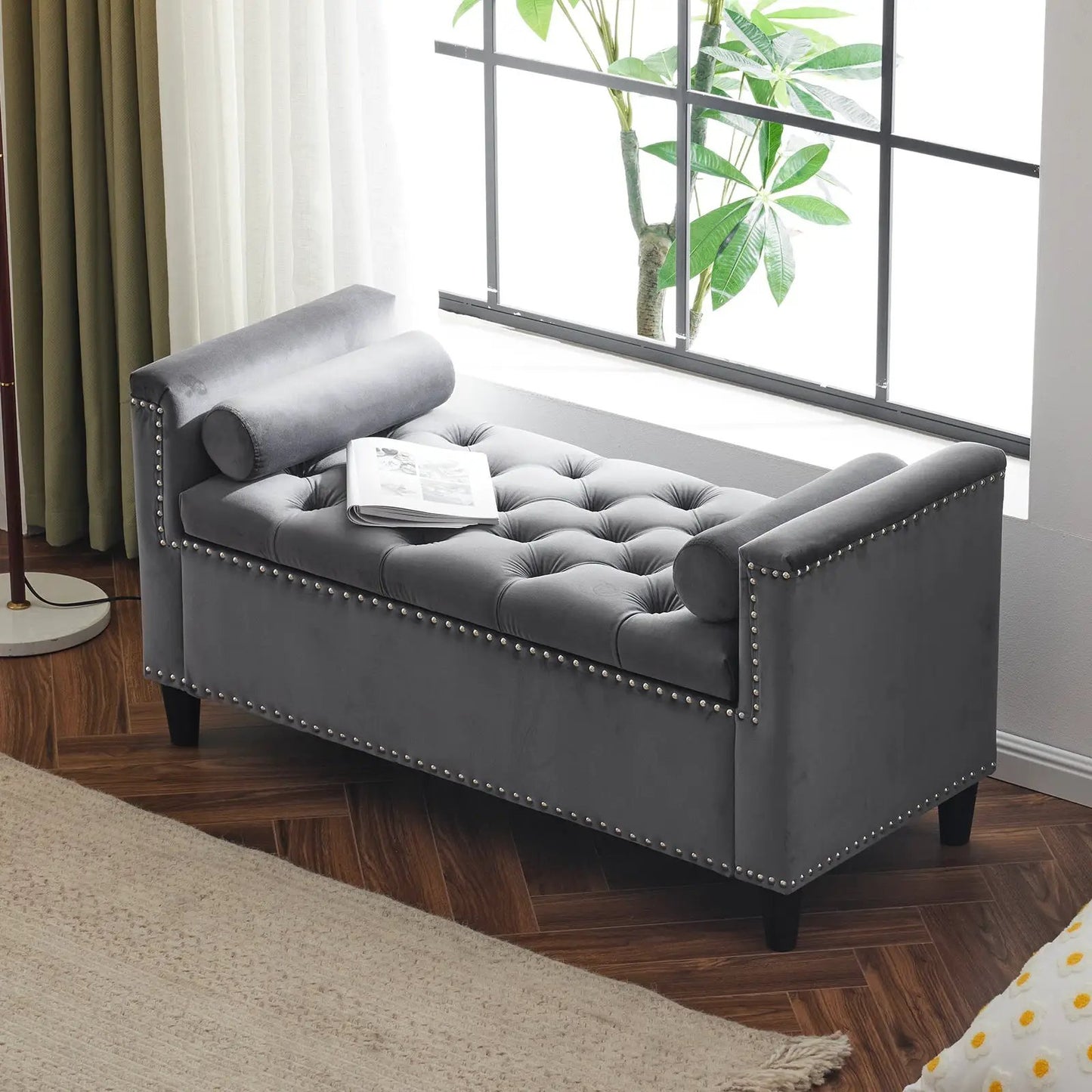 Storage bench velvet with nailhead trim, gray tufted top, and short legs on Tampa Home & Garden Store