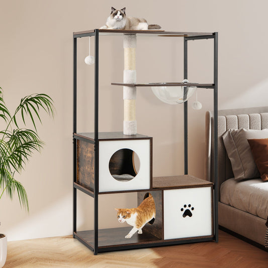 52 Inch Tall Wooden Cat Tree Metal Frame with 2 Condos and Cushions-Coffee - Tampa Home & Garden Store