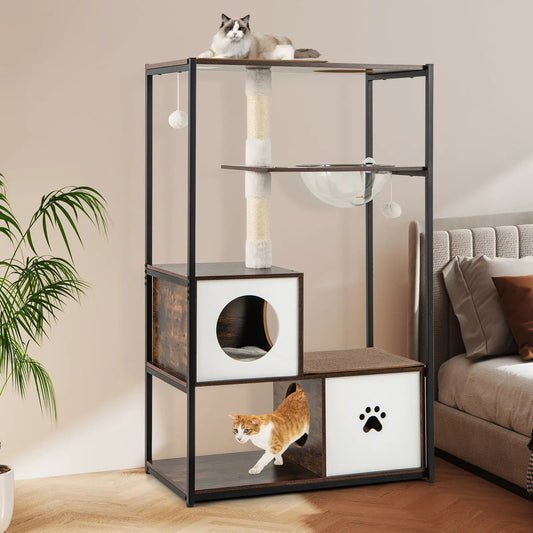 52 Inch Tall Wooden Cat Tree with 2 Condos, black frame, sisal post, cats lounging on Tampa Home & Garden Store