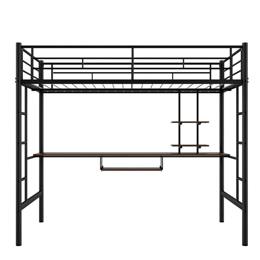 Loft bed frame with desk and open shelf, black metal space-saving design on Tampa Home & Garden Store