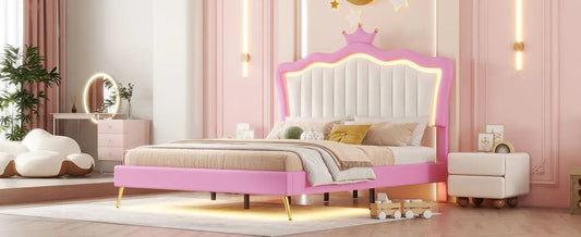 Full Size Upholstered Bed Frame with LED Lights, pink platform bed with white headboard on Tampa Home & Garden Store