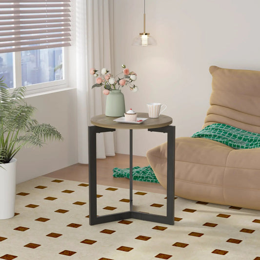Round side table with brown finish and black metal frame, end table on Tampa Home & Garden Store