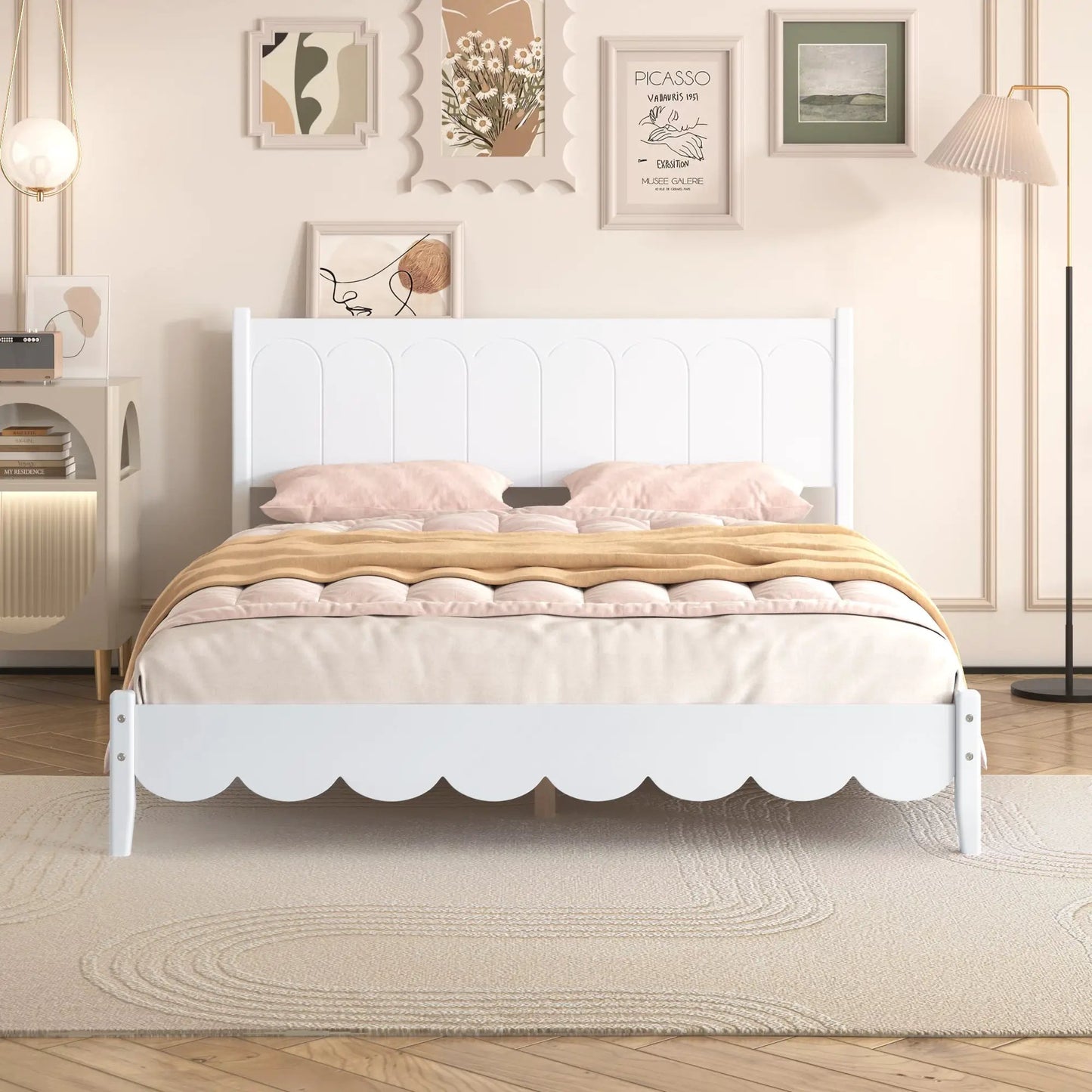 Base de cama de plataforma de madera tamaño Queen, estilo retro con cabecero rectangular, no necesita somier, color blanco