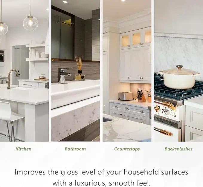 More Stone and Quartz Polish enhancer for natural stone surfaces; 4-panel kitchen collage on Tampa Home & Garden Store