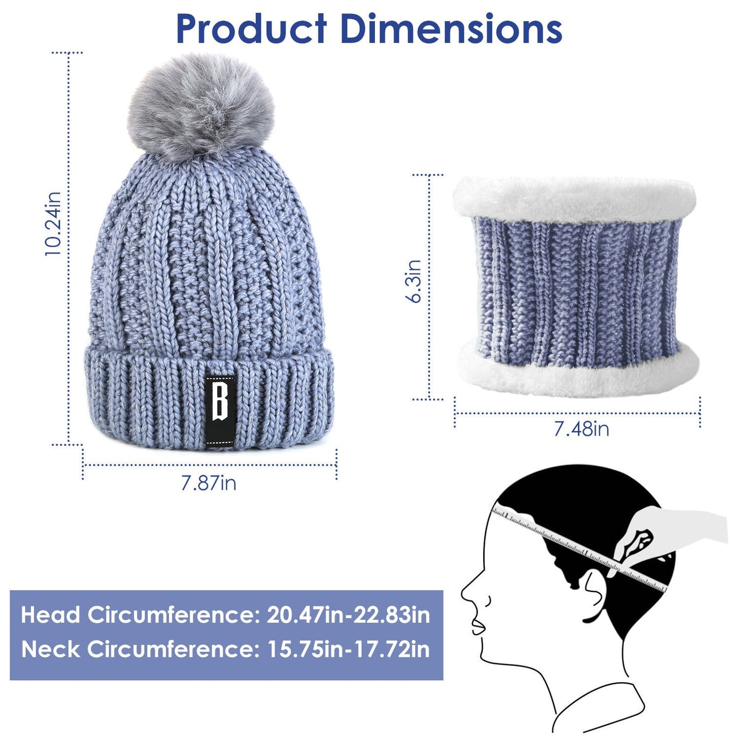 GemGear blue knit beanie with fluffy pom-pom and matching scarf neck warmer set on Tampa Home & Garden Store