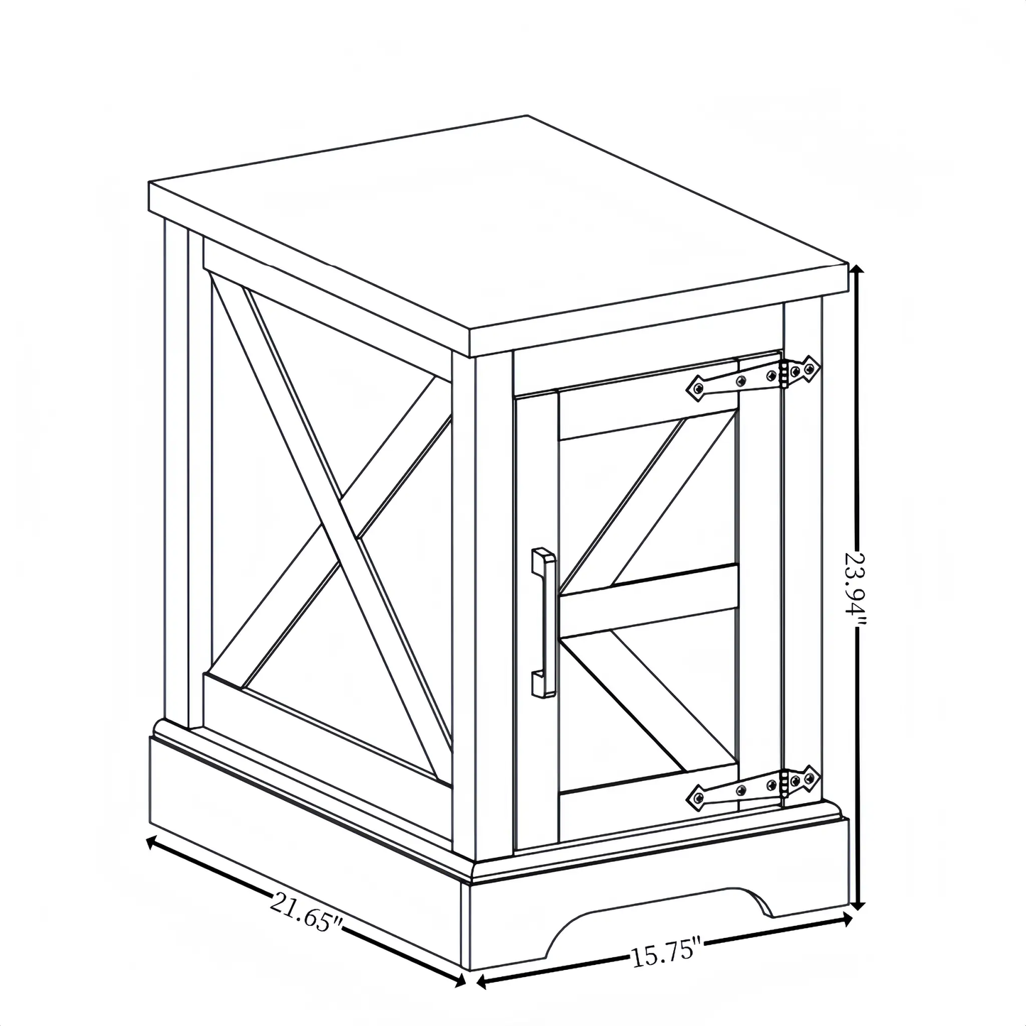 Farmhouse End Table with Barn Door and Storage, black line-drawing schematic, VIP on Tampa Home & Garden Store