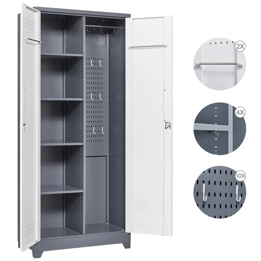 Lockable steel storage cabinet for cleaning tools by VIP, gray interior with shelves on Tampa Home & Garden Store