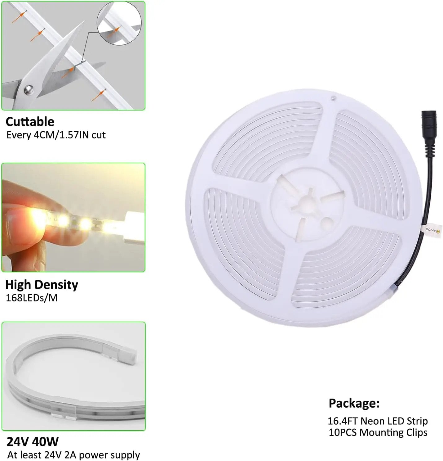 Strip Light Dotless COB Neon 24V outdoor IP67, 16.4ft, 168 LEDs/m, cuttable every 4cm on Tampa Home & Garden Store