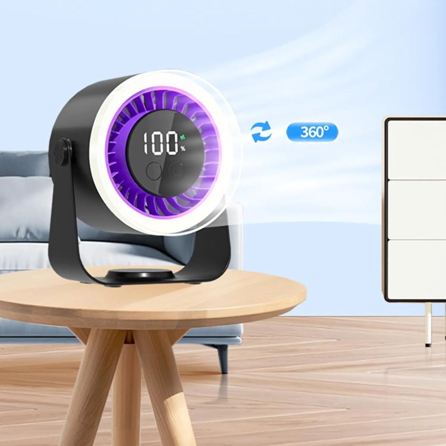 Portable desk fan with black stand and purple ring blades, USB rechargeable, 10-speed on Tampa Home & Garden Store