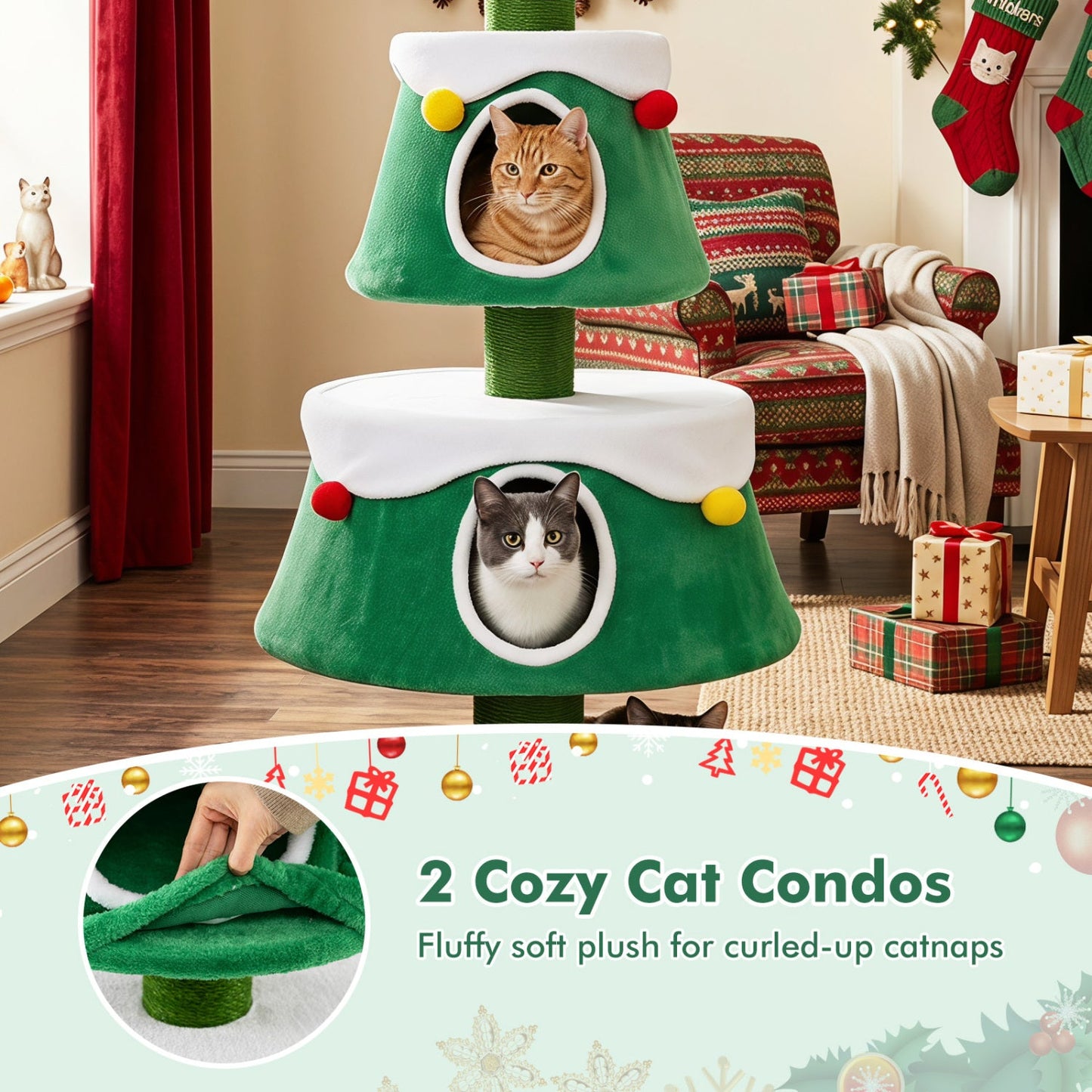 61.5in Christmas Tree Cat Tower with 2 Condos & Scratching Posts green plush white trim DirectDeals on Tampa Home & Garden Store