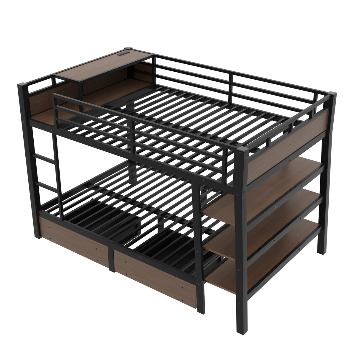Full size metal bunk bed frame in black with storage shelves and USB power strip on Tampa Home & Garden Store