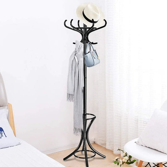 Wood Standing Hat Coat Rack with Umbrella Stand, black metal frame and curved hooks on Tampa Home & Garden Store