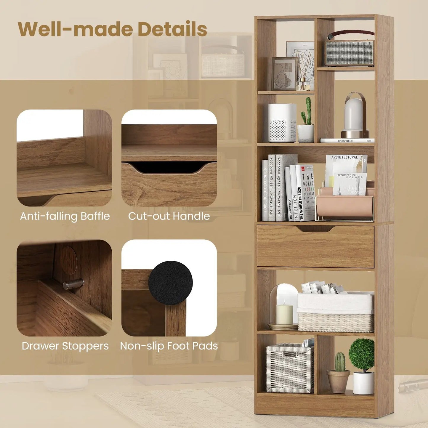 61-Inch Freestanding Bookcase With Drawer in natural oak by DirectDeals, modular storage on Tampa Home & Garden Store