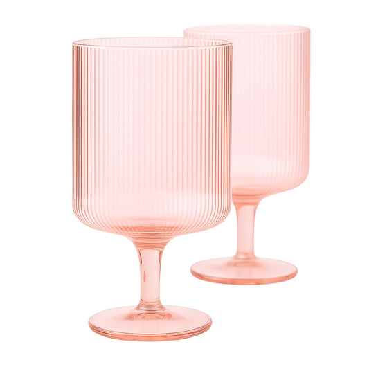 A Pair Of Blush Pink Ripple Stemmed Wine Glasses