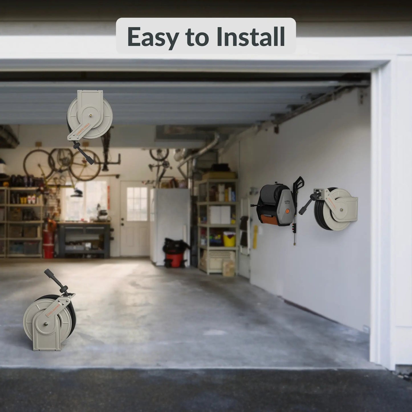 Giraffe Tools retractable pressure hose reel 1/4in wall-mounted gray housing (3 shown) on Tampa Home & Garden Store